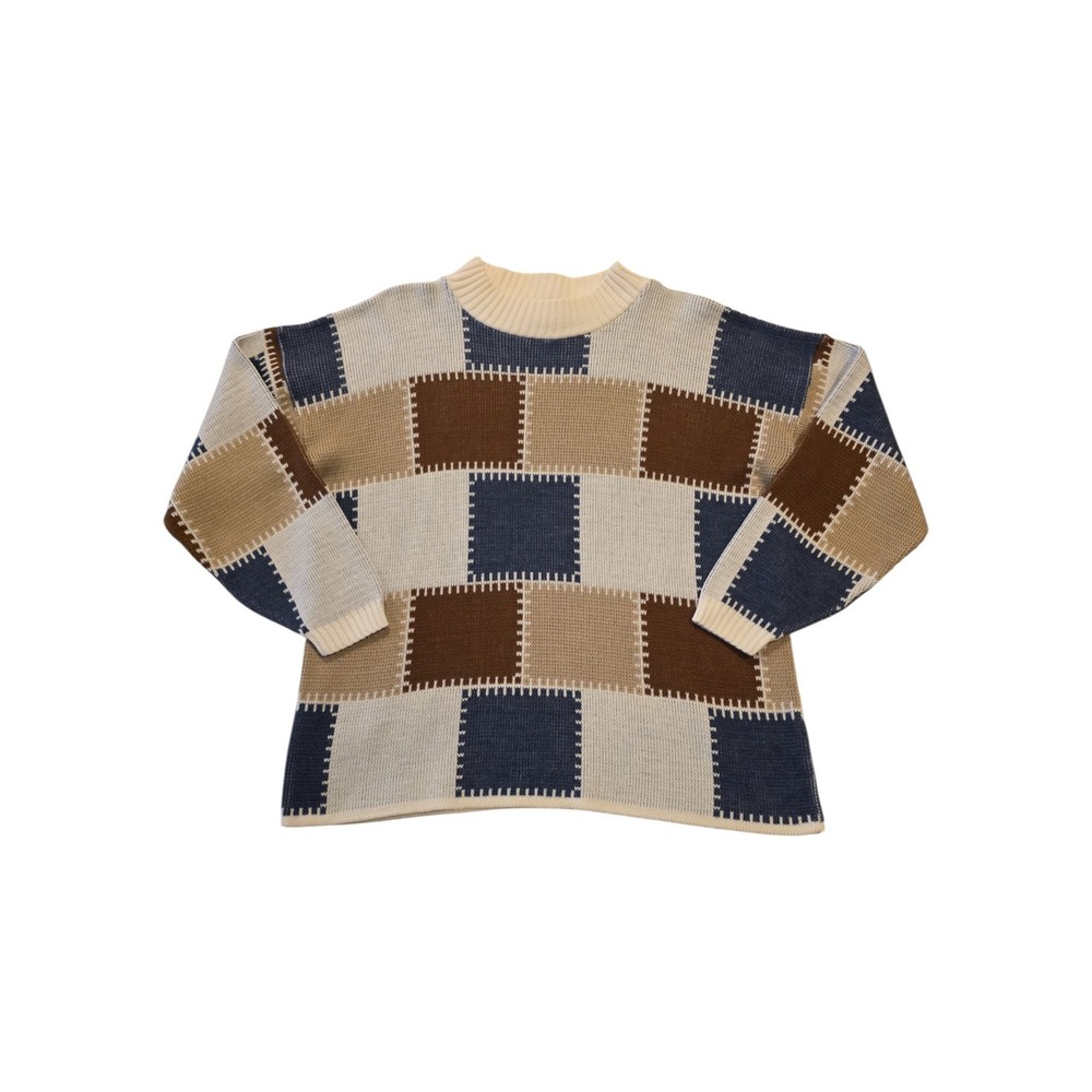 Vintage Clifton Place Patchwork Knit Sweater Geometric Block USA Made Beige Blue